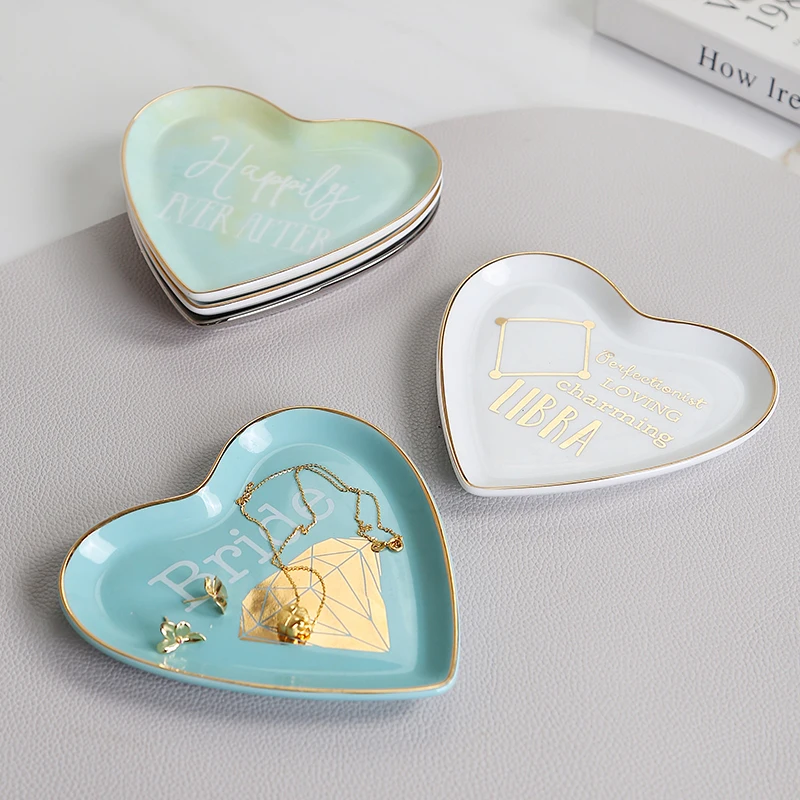 High Performance Exquisite Gold Rim Heart Shape Table Decoration Jewelry Tray for Wedding Gift