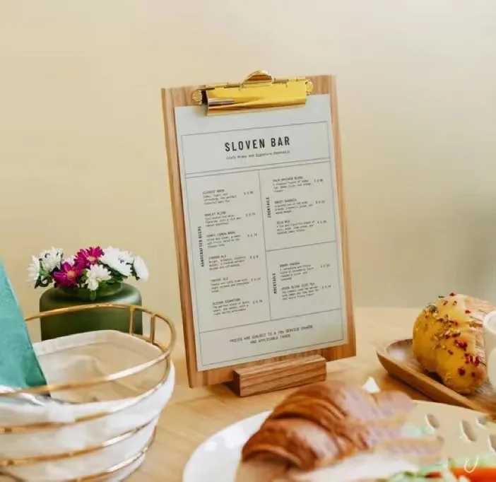 Wood Table Top Display Stand Wooden Menu Holder with Base Dual Use Clipboard Drink Menu for Bar Cafe and Restaurant Menu Board