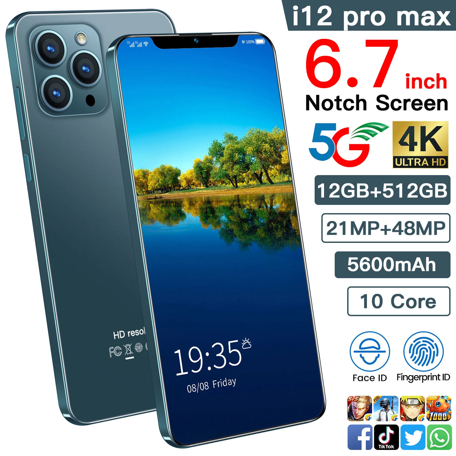 Оптовая продажа i12 Pro Max мобильные телефоны 6 7 inch 8 ГБ + 512 21MP 48MP 5600 мАч долгого ожидания i 12