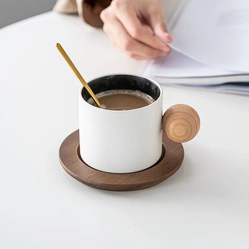 Nordic solid color matte ceramic coffee cup personality wooden ball handle design solid wood coaster