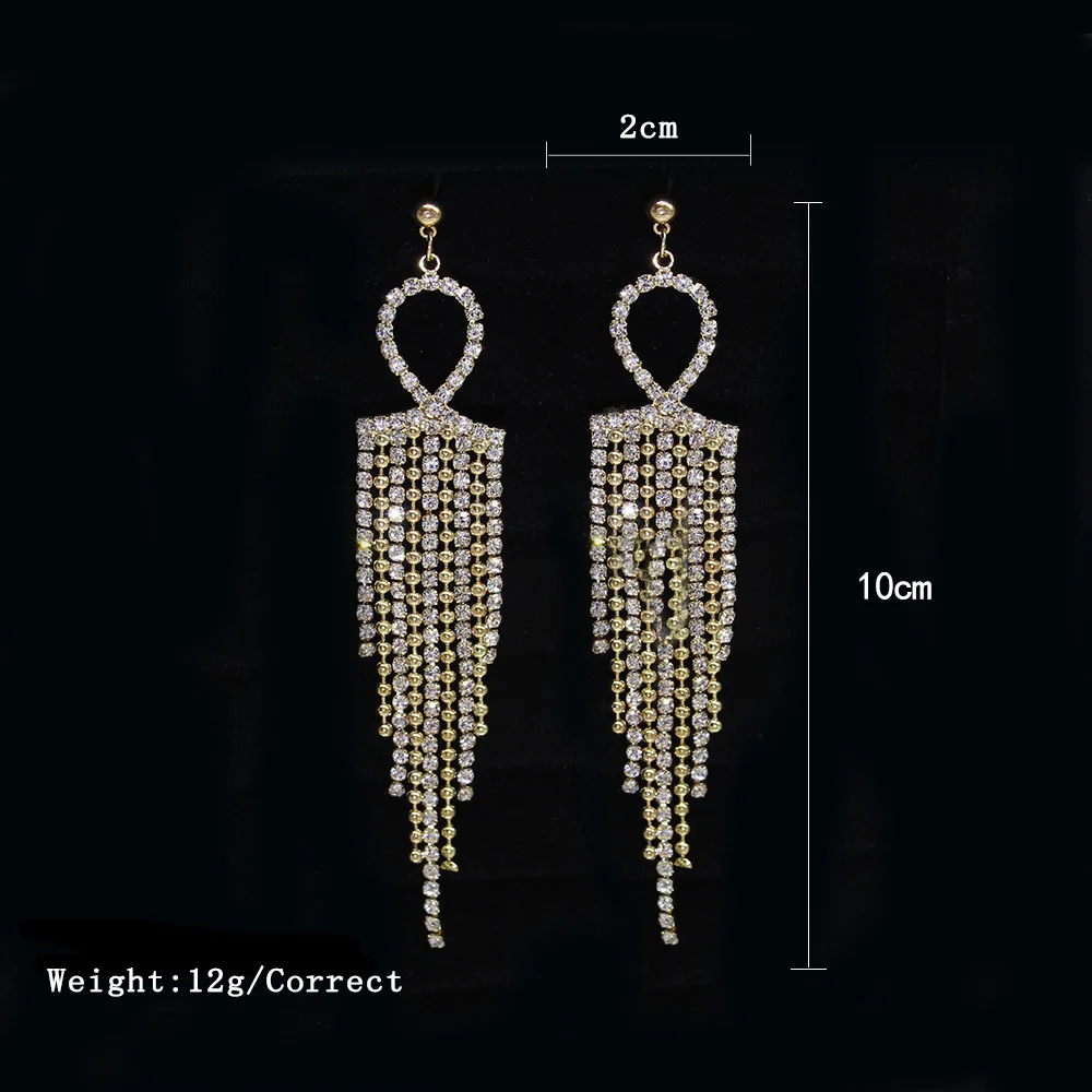 
New style tassel chain long tassel rhinestone chandelier pendant earrings gold glittering crystal tassel earrings 