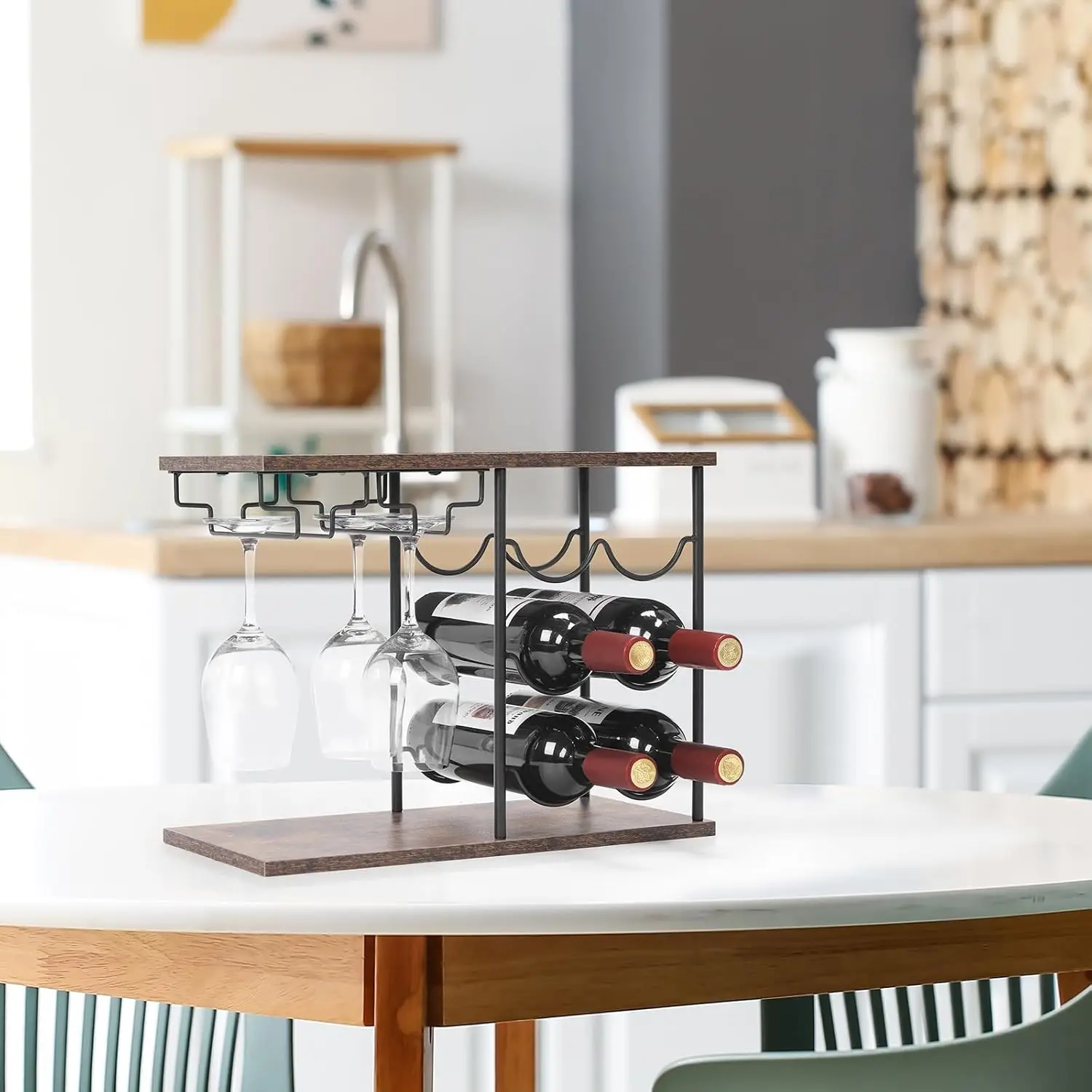 Wine Rack Countertop Wine Holder Stand for 6 Wine Bottles and 4 Glasses