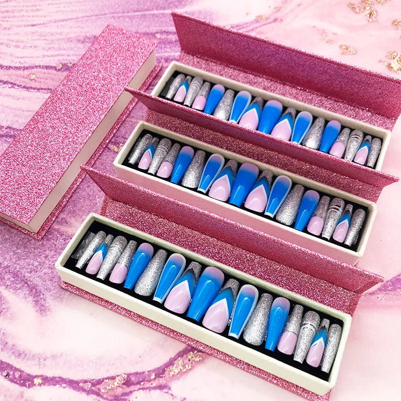 artificial fingernails long French rhinestones false nails private label custom press on nail packaging box