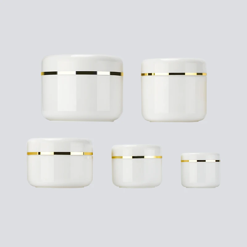Wholesale cosmetic packaging 10g 20g 50g 100g 150g 200g fancy white face cream body cream plastic cosmetic jars with gold line