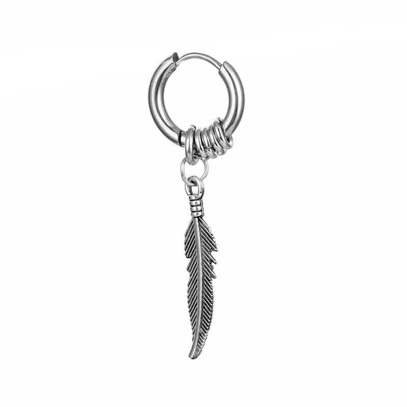 Punk Vintage Fashion Rock Style High Quality Stainless Steel Hip Hop Feather Stud Earrings For Men