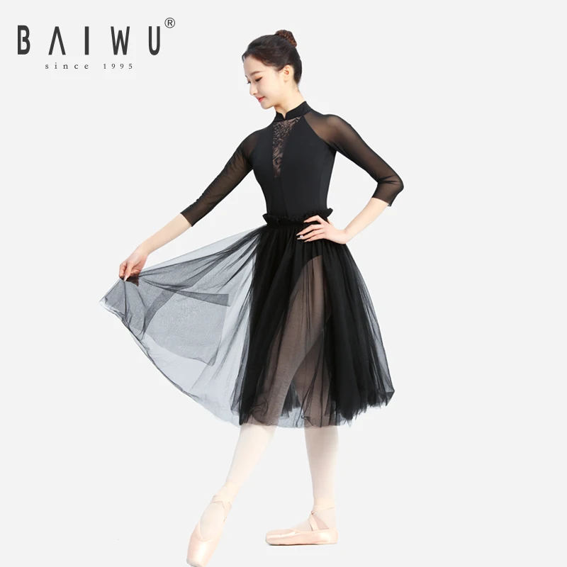 123141072 BAIWU Sexy Back Open Girl Long Sleeves Leotard Lace  Mesh Ballet Dance Leotards Performance Wear Gymnastics Leotards