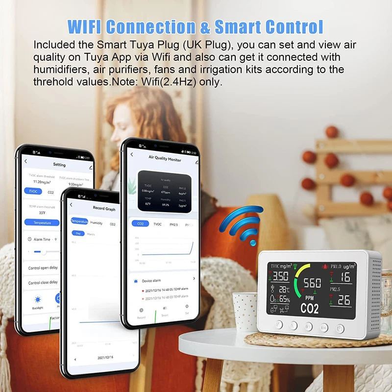 7 in 1 RS485 WIFI CO2 controller and TVOC and PM2.5 PM1.0 PM10 Gas detector Air quality monitor connecting Fans Air purifier