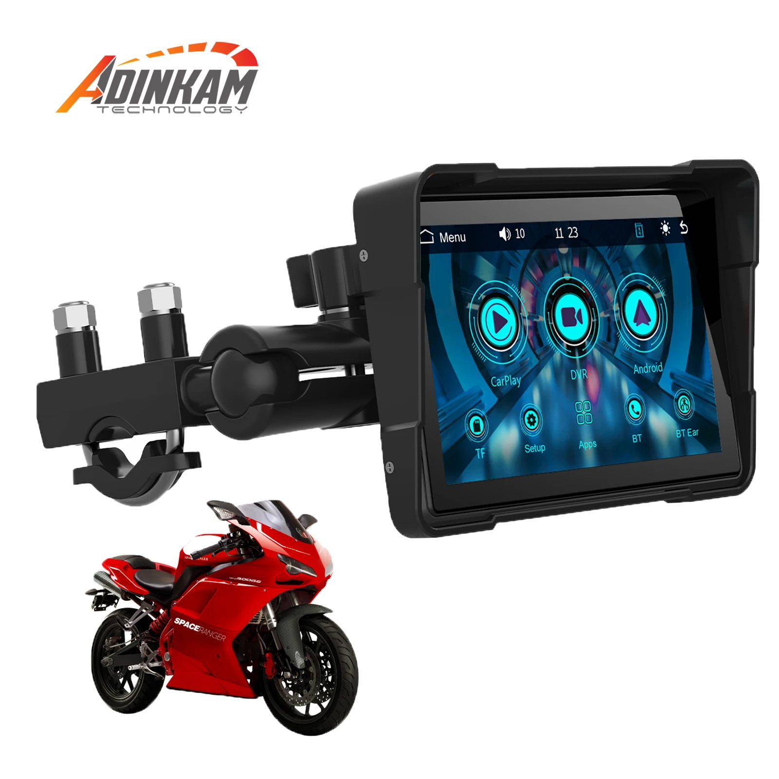 ADINKAM M1 5 Inch Waterproof Motorcycle Carplay Android Auto Map Navigation Display Touchscreen Dual Channel 720P Dash Cam