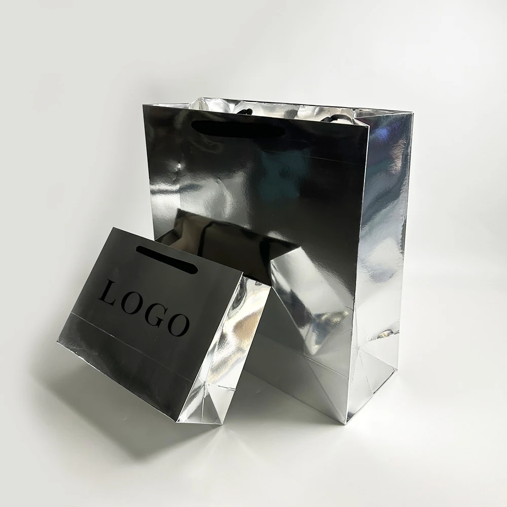 Metallic Shiny Laser Surface Shopping Paper Tote Bag Luxury Boutique Retail Clothes Gift Packaging Paper Bag