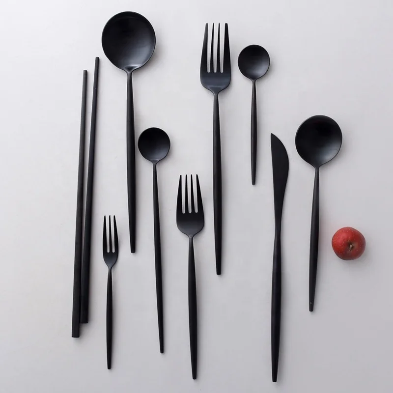 
Wholesale PVD Silverware Metal Matte Gold Black Cutlery Set Stainless Steel 304 Matte Black Flatware Sets 