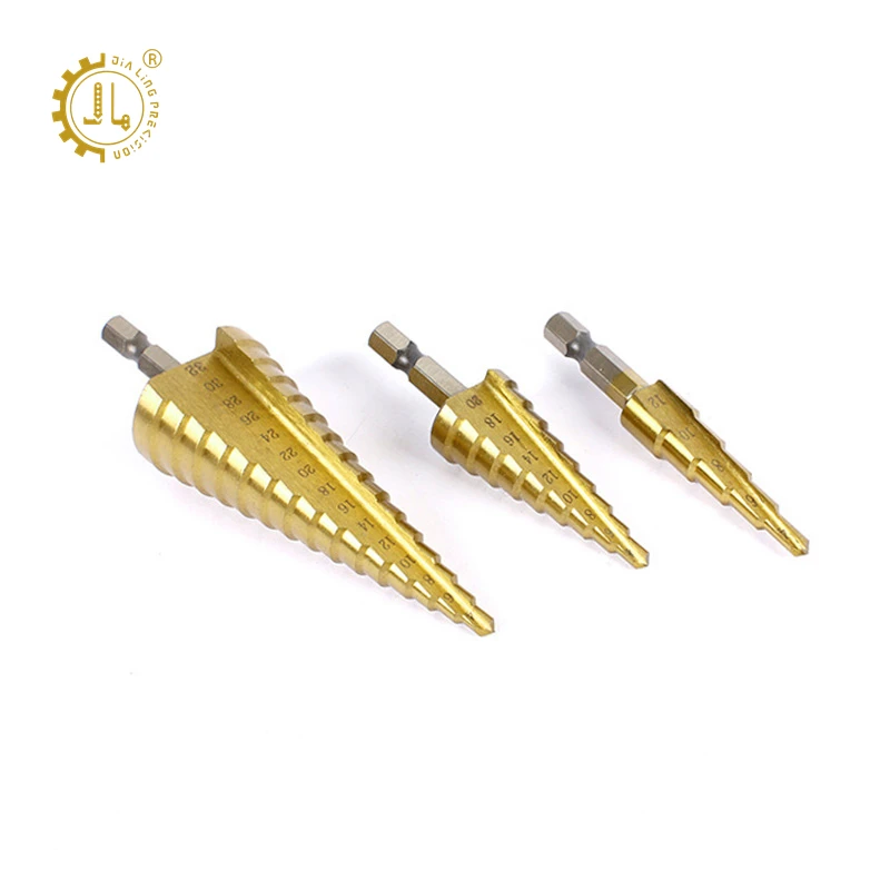 Hex Shank Straight Groove Titanium Plated Step Drill Bit Set High Speed Steel Spiral Flute HSS Step Drill Bit 4-12/4-20/4-32mm