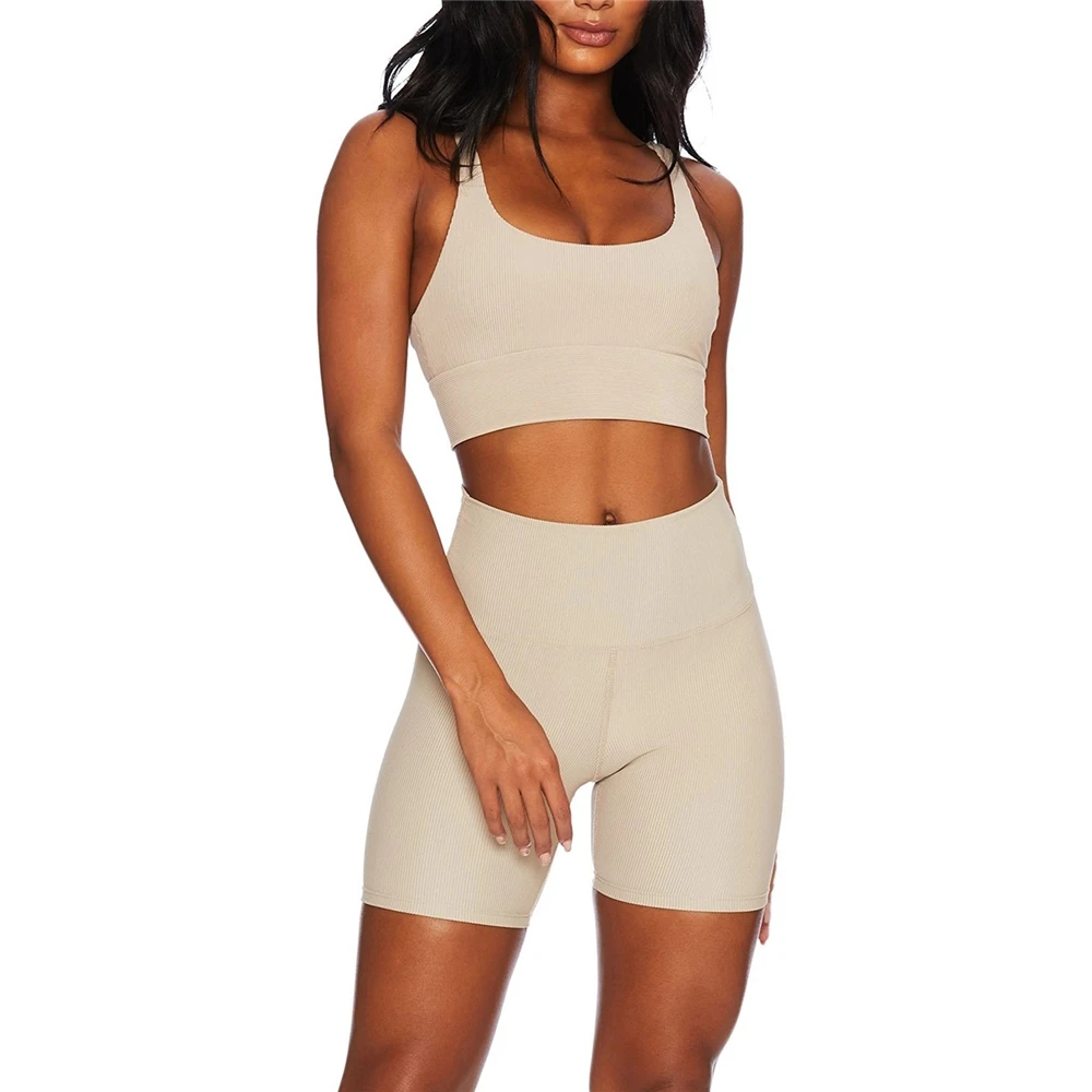 Комплект Спортивный женский из 2 предметов, велосипедные шорты с завышенной талией и спортивный бюстгальтер, одежда для йоги и спортзала