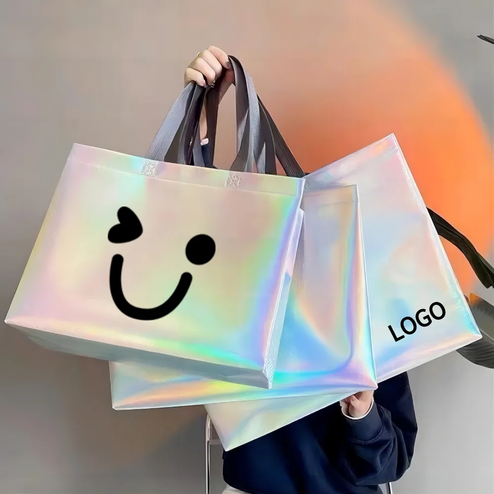 2023 Promotional fashion glitter holographic laser iridescent silver gift  tote bags laser non-woven shopping bag