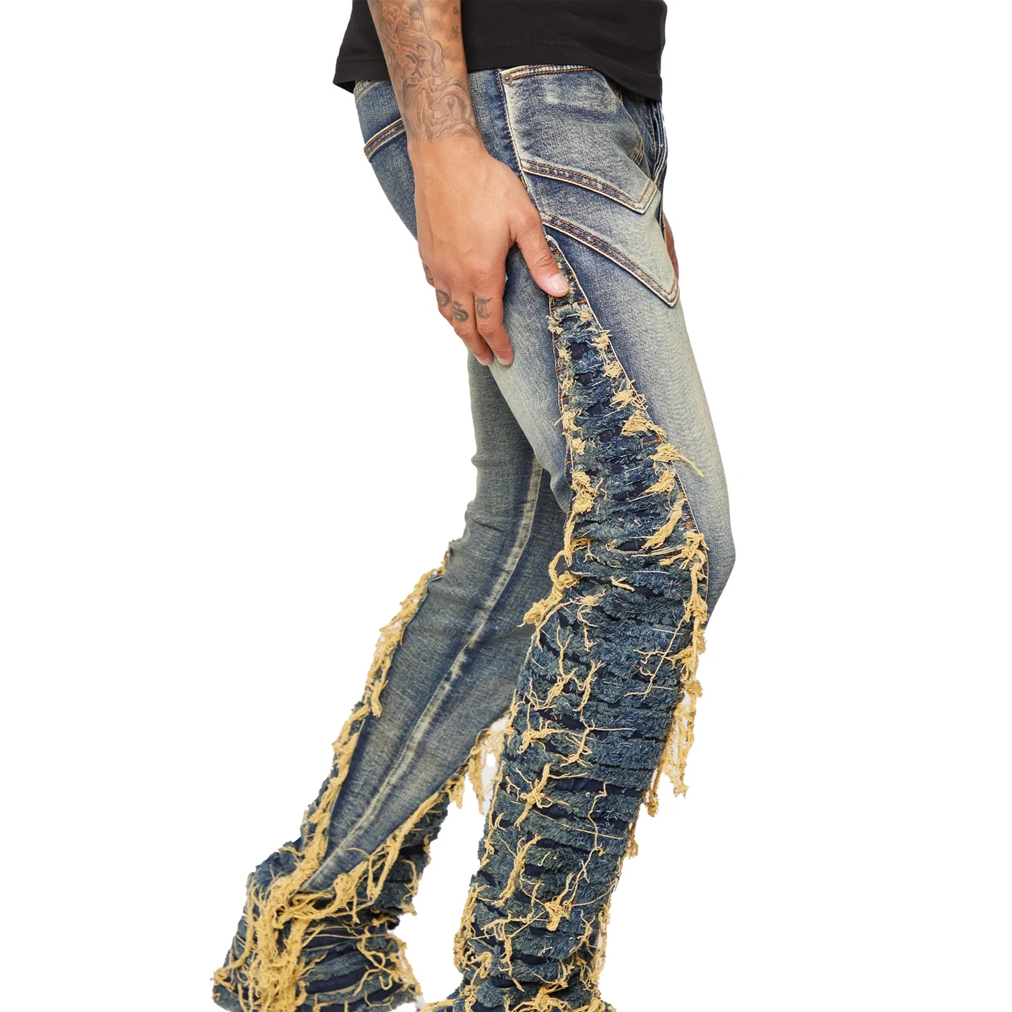 Hot Sale Fitted Shinny Wide Leg Stacked Ripped Denim Jeans Pant For Men
