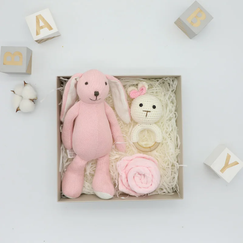 High Quality Custom Cute Animal Wooden Handmade Crochet Rabbit Baby Teether Rattle