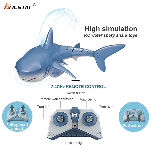 Bricstar High quality Full Function waterproof 2.4G Remote control shark toy with spray water and light