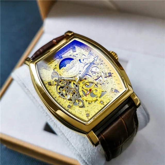 Blue Glass Barrel Shaped 24hour/Second/moon Phase Mechanic Chronograph Square Mechanical Men Watch 2021