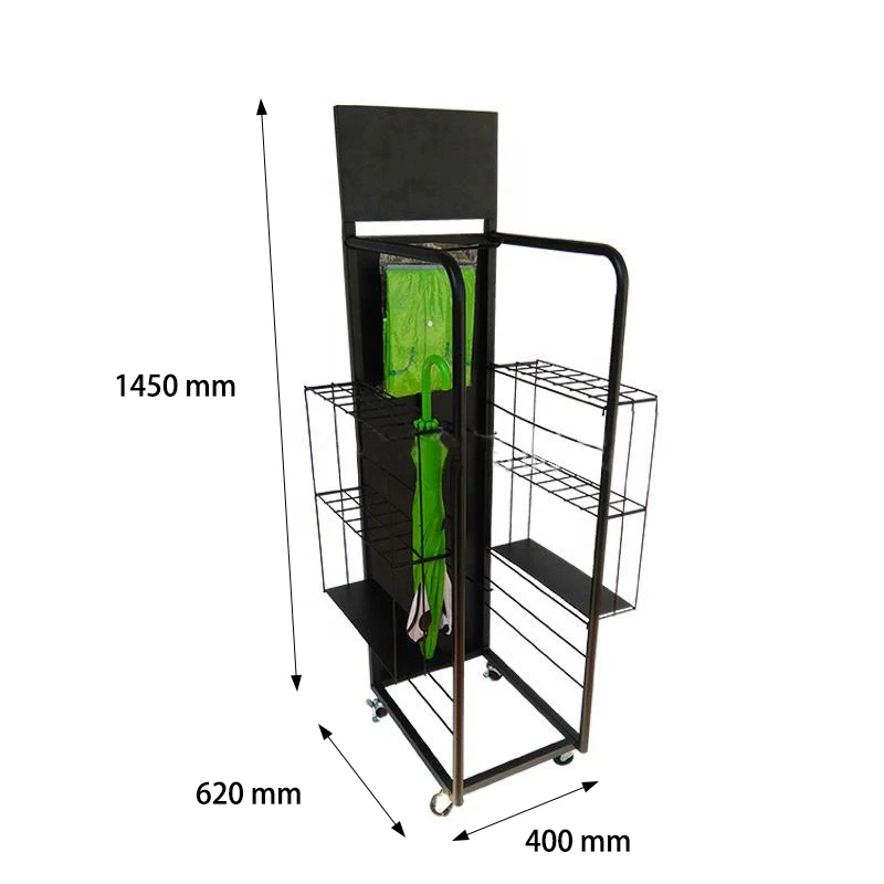 New Arrival Retail Store Metal Umbrella Display Racks Storage Hanging Hooks Stand with Adjustable Wheels