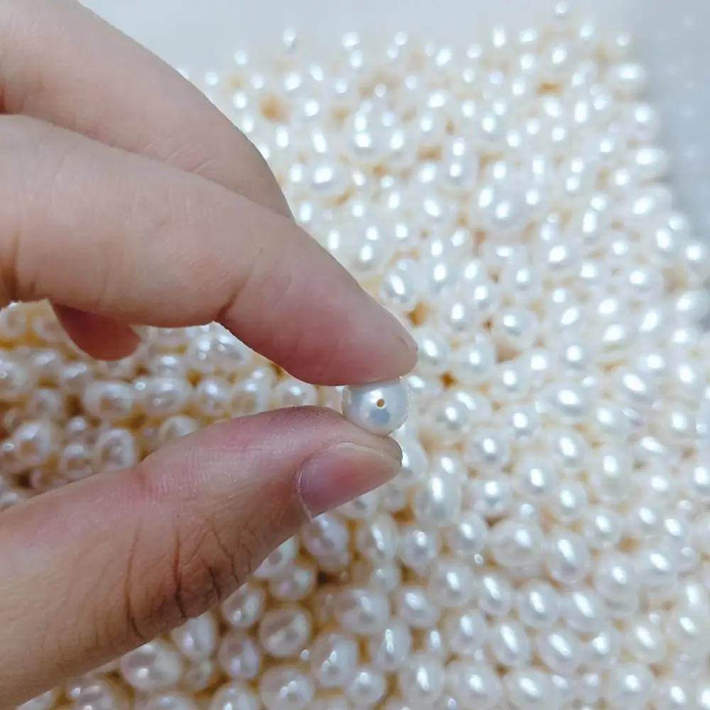 Wholesale 8mm AAA White Fresh Water Baroque Pearl Beads Half Hole Natural Rice Pearl