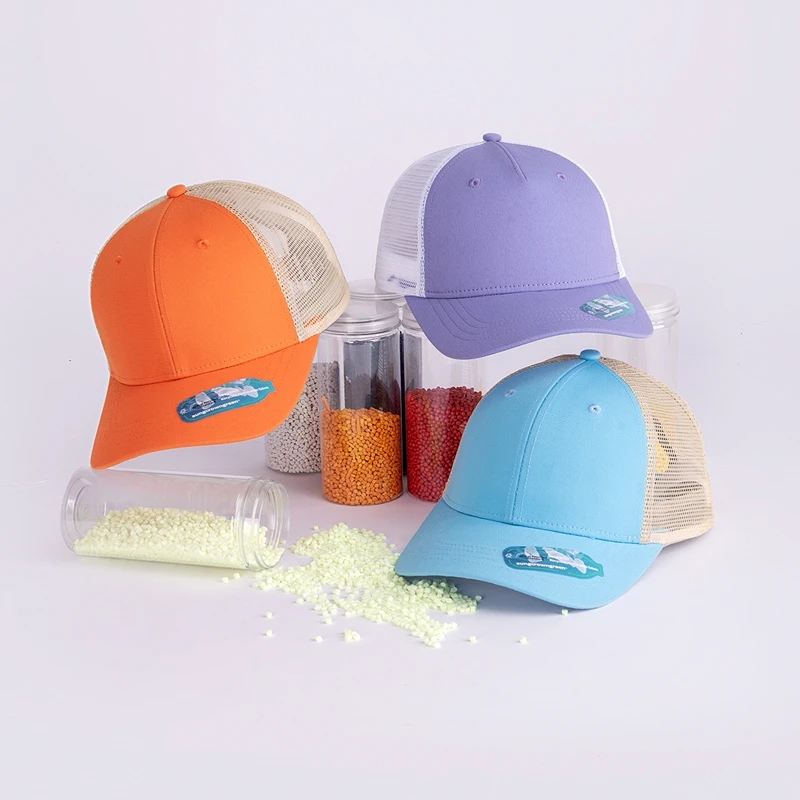 Breathable structured sustainable eco RPET fabric mesh cotton twill high crown 5 panel recycled trucker hat