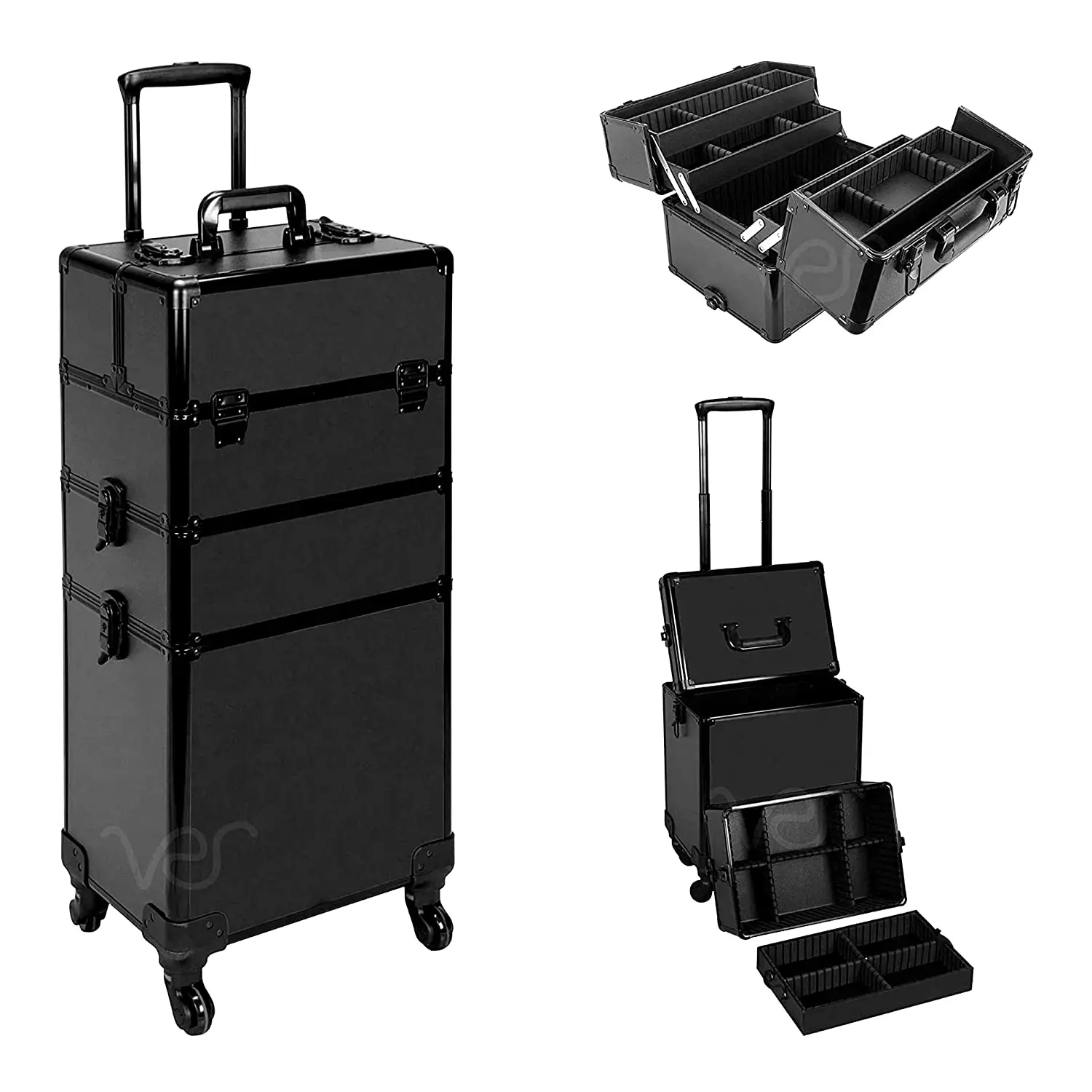 4-in-1 Professional Makeup Travel Case  Aluminum Frame, Cosmetic Lockable Large Storage Portable Case