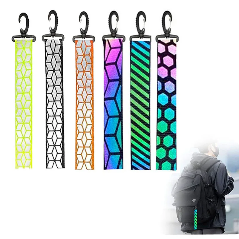 custom logo printing polyester safety buckle high visibility reflective long keychain holder wristlet strap tag pendant
