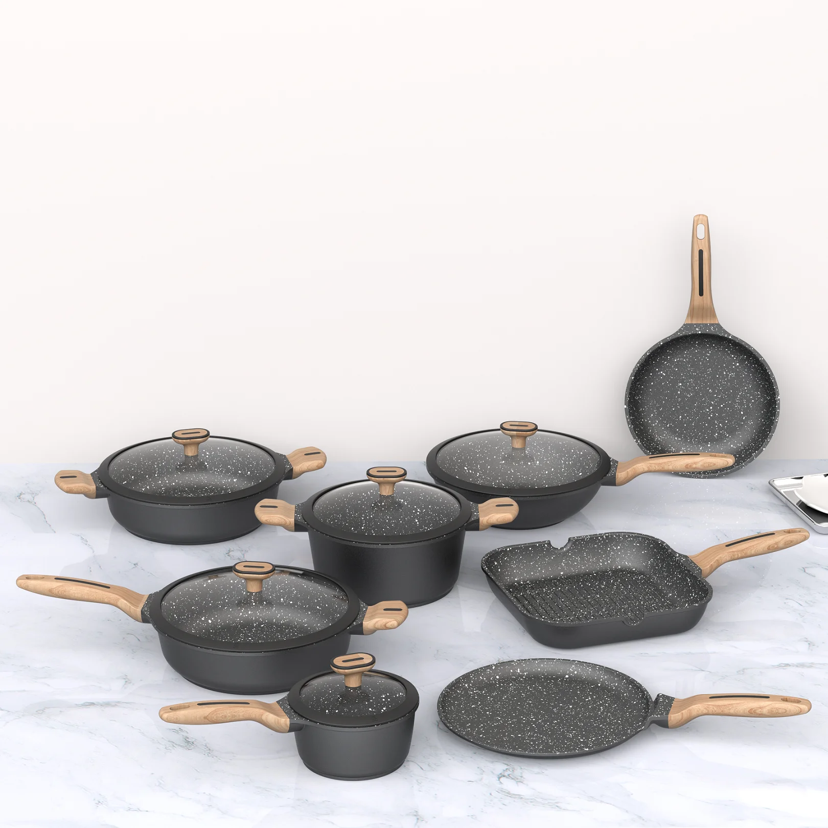 BESCO OEM Escalation Series 13pcs Cast Aluminum Non Stick Cookware Set with Wooden Soft Touch Stay-Cool Bakelite Handle & Lid