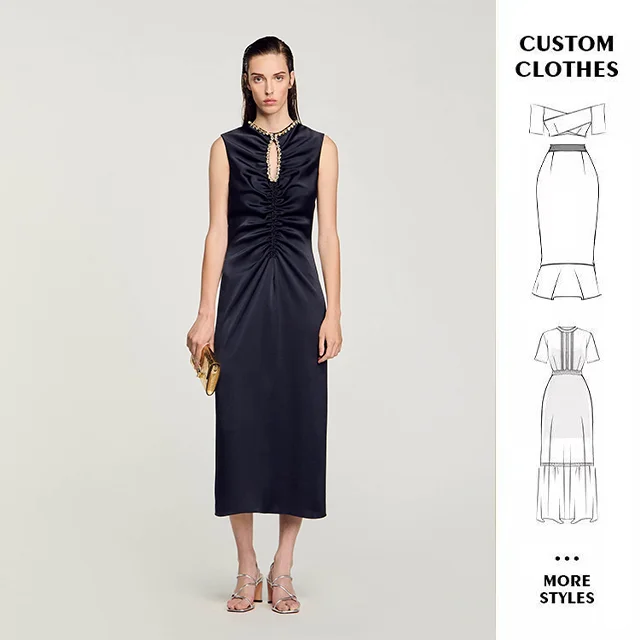 Bettergirl New Custom Quality Clothes French Black Sleeveless Sandro Dress Casual Satin-effect Rhinestone Midi Dress