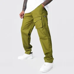Wholesale Mens 100% Linen Chinos Casual Long Trousers Straight Leg Olive Green Streetwear Cargo Pants