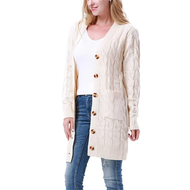 2021 Autumn Winter Long Cable Knitted Women Cardigan Sweater Woman Oversized Single Breasted V Neck Knit Cardigans For Ladies
