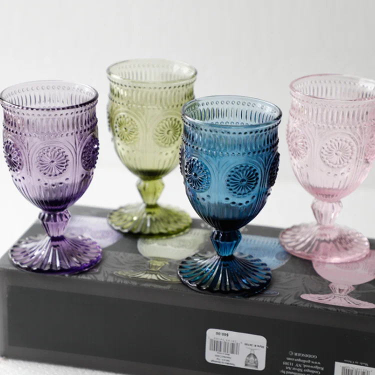 Aeofa Colorful glass vintage sunflower pattern retro glass goblet wine glass red wine goblets glassware wedding 330ml