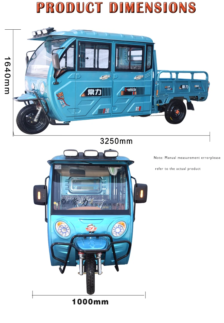 ChangLi 1000W 3-Wheel Motorized Double-Row Cargo Truck Tricycle with Crew Cab Closed Body for Passenger Nigeria Delivery Sale