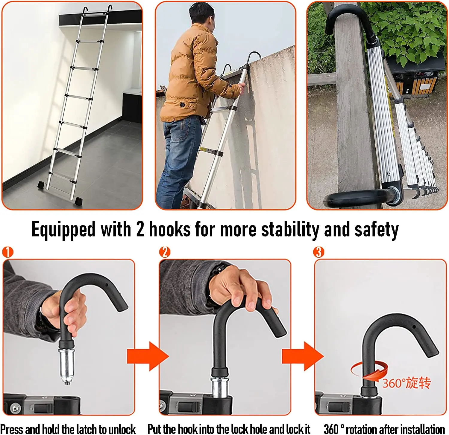 EN131 Telescopic adjustable attic escape ladder with hooks easy to install