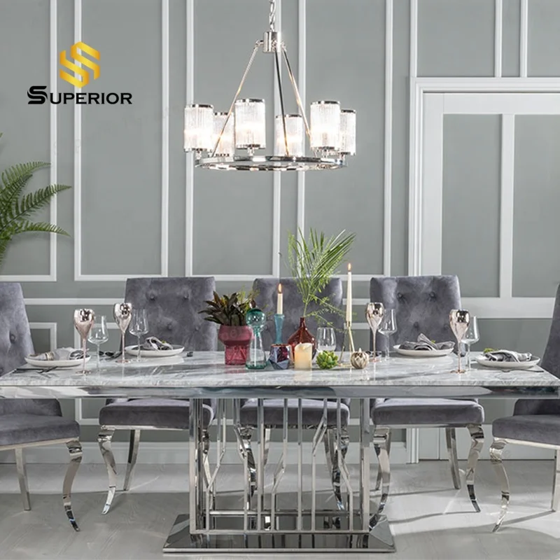 Modern rectangle pedestal steel base faux marble top dining table