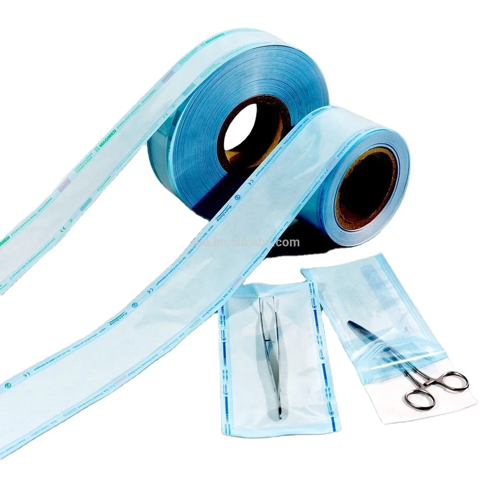 Medical Sterilization Packaging Flat Roll Reel Pouch 60/70gsm Medical Paper + 55gsm PET/CPP Reinforced Blue Film  Class I