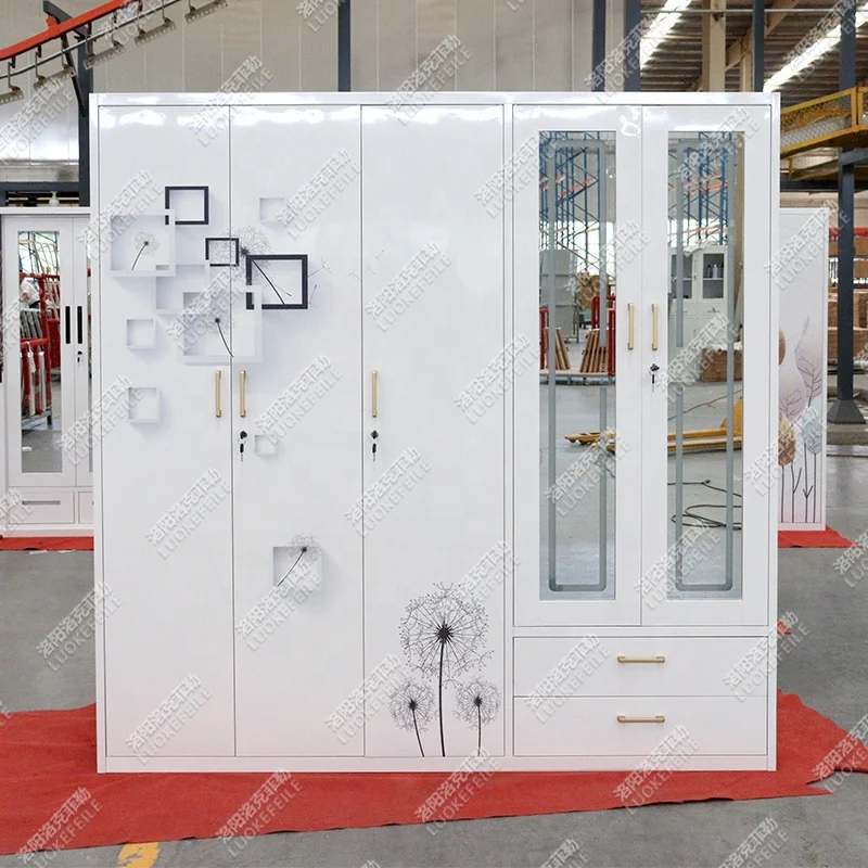 armoire almirah storage simple design 4 sliding couple cloth closet bedroom furniture steel metal wardrobes with mirrored doors