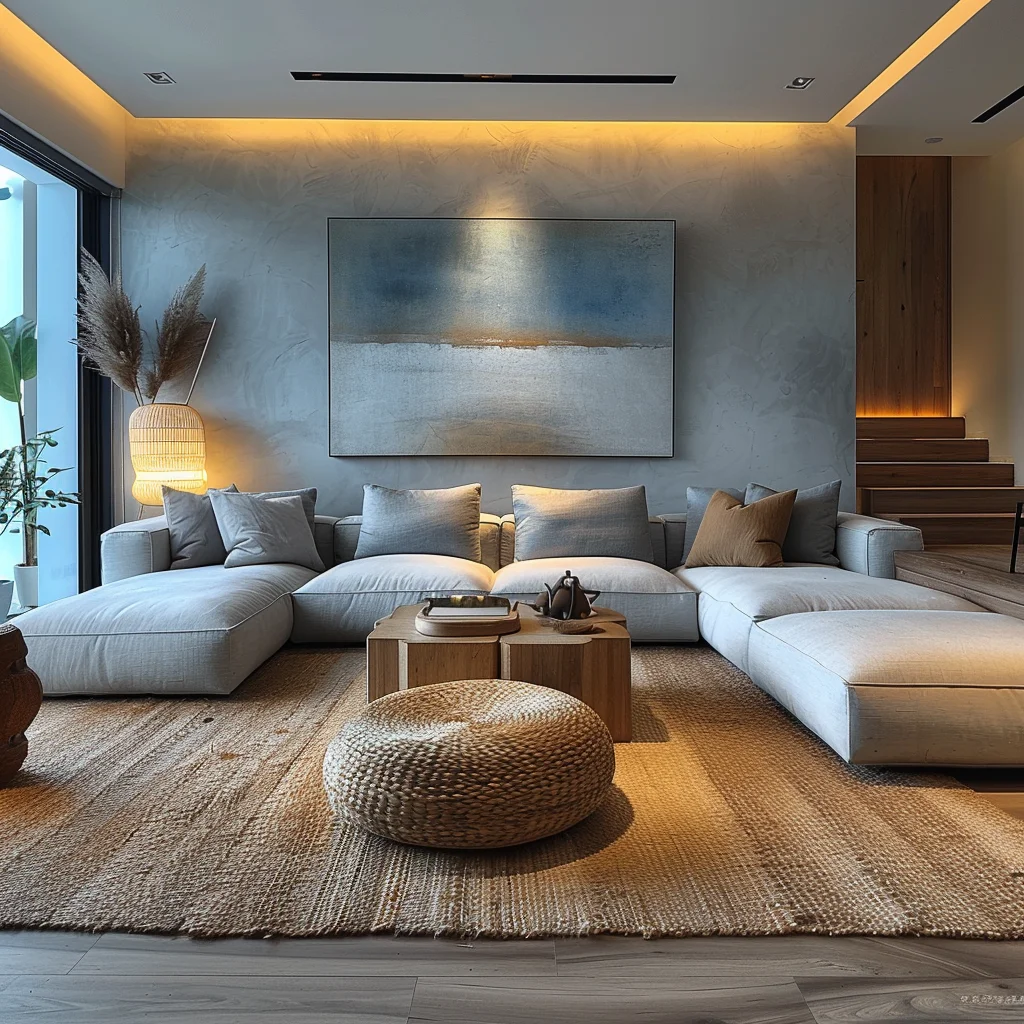 2024 AI Creative Concept Design Minimalist Small Living Room Space Design Beige Design High Quality Texture 3D Rendering Service