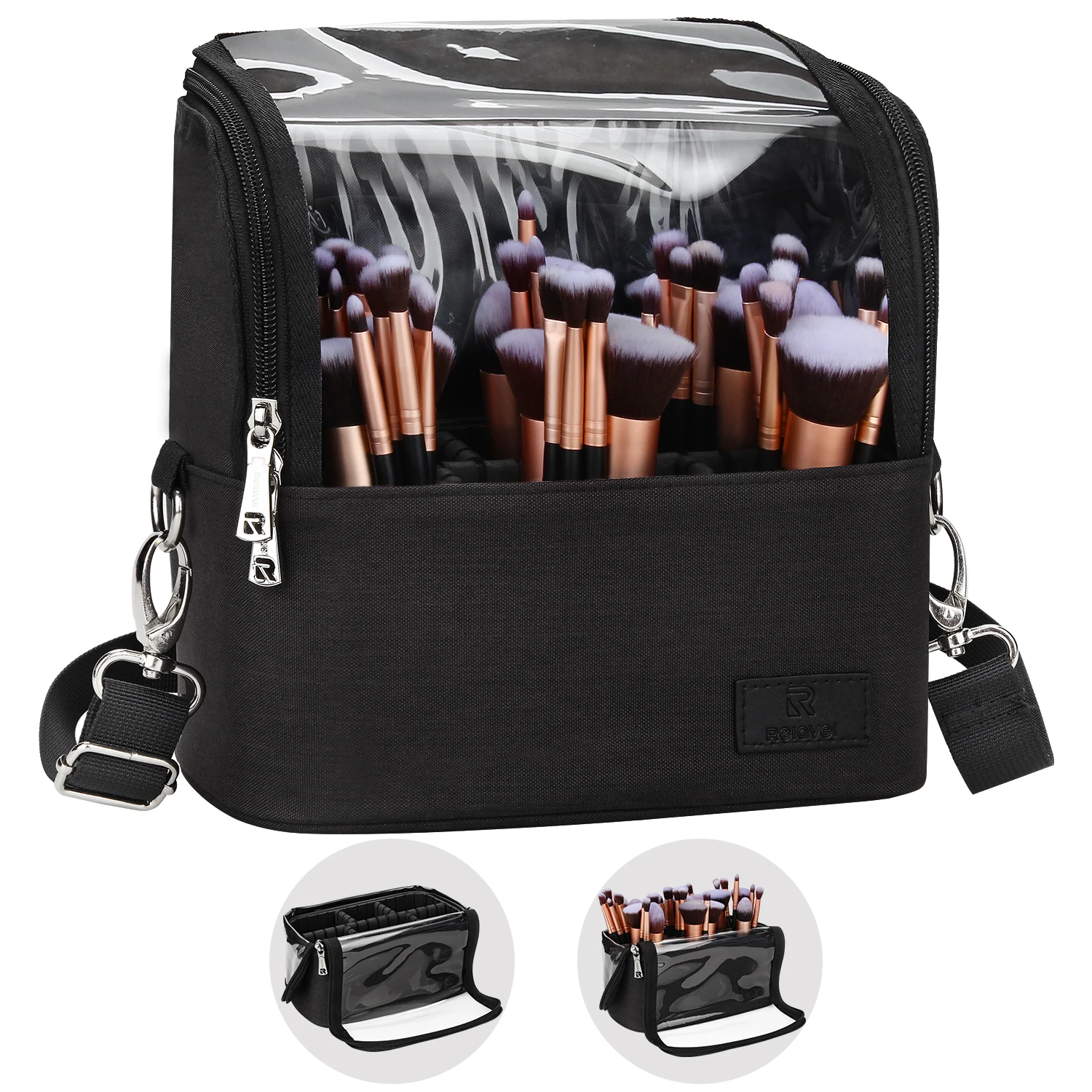Relavel Shoulder Strap Adjustable Divider Travel Makeup Brush Holder Large Black Waterproof Stand-up cosmetic