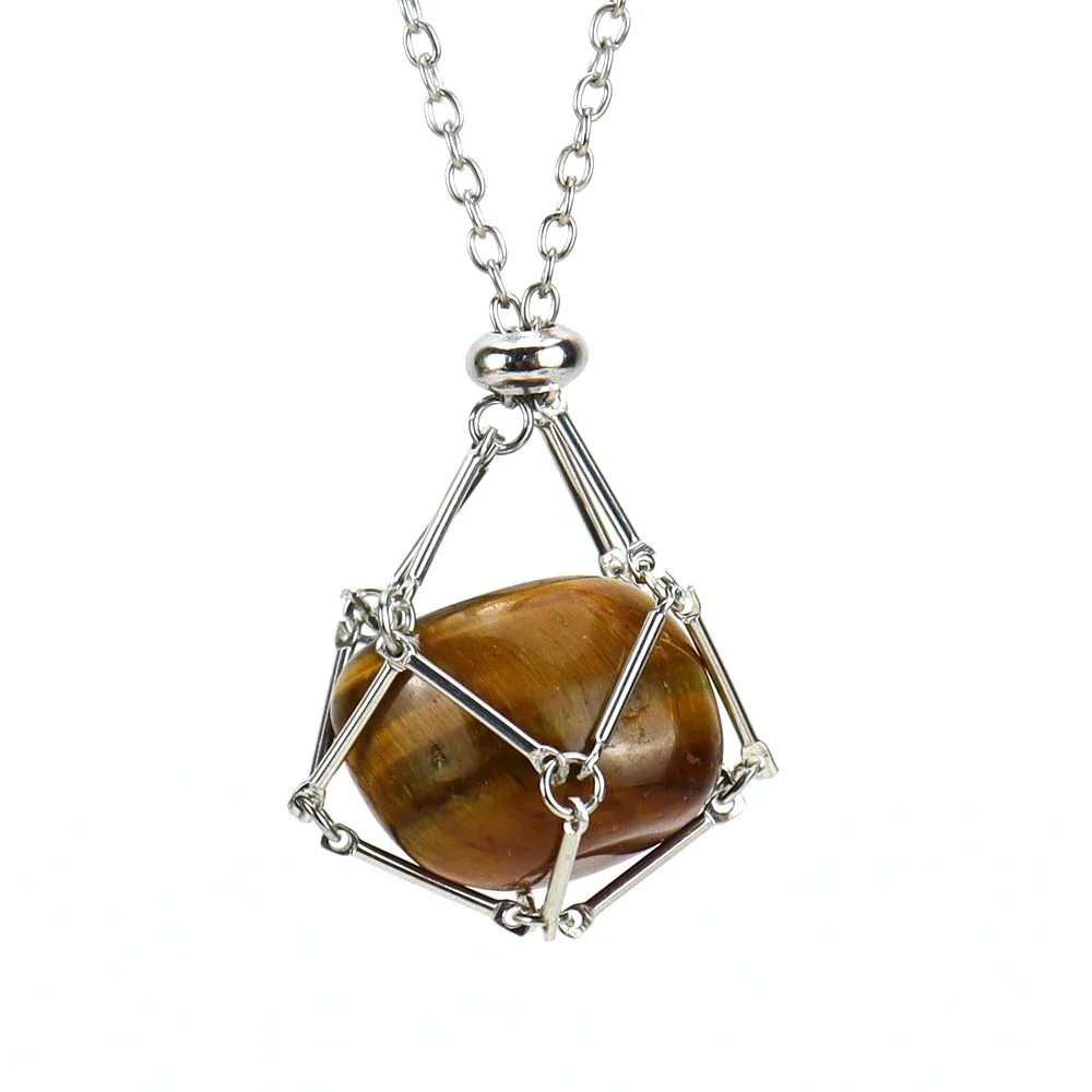 Statement Stainless Steel Silver Wire Wrap Bamboo Mesh Net Macrame Healing Natural Gem Stone Crystal Necklace for Men Women