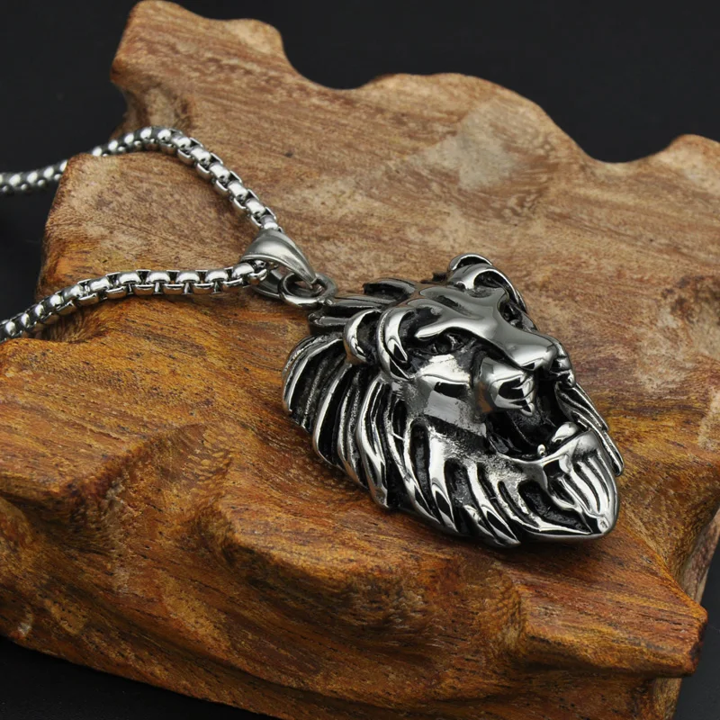 Titanium Steel Gothic Lion Head Pendant Necklace Men