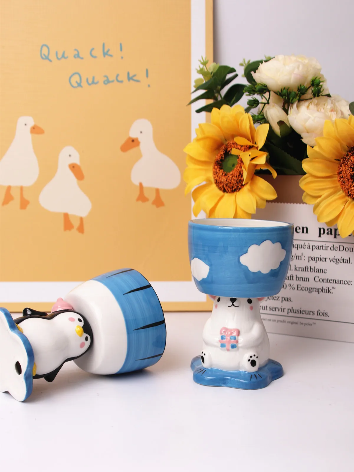 MSH Creative Cartoon Cute Penguin Polar Bear Ceramic Tall Glass Ice Cream Cup Dessert Bowl Fruit Bowl 12oz