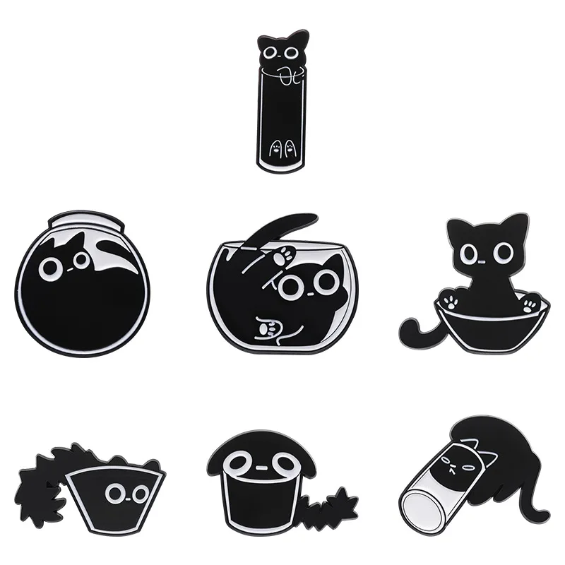 Cute Cat Enamel Pins Custom Black Kitten Terrarium Brooches Lapel Badges Cartoon Animal Jewelry Gift for Kids Friends