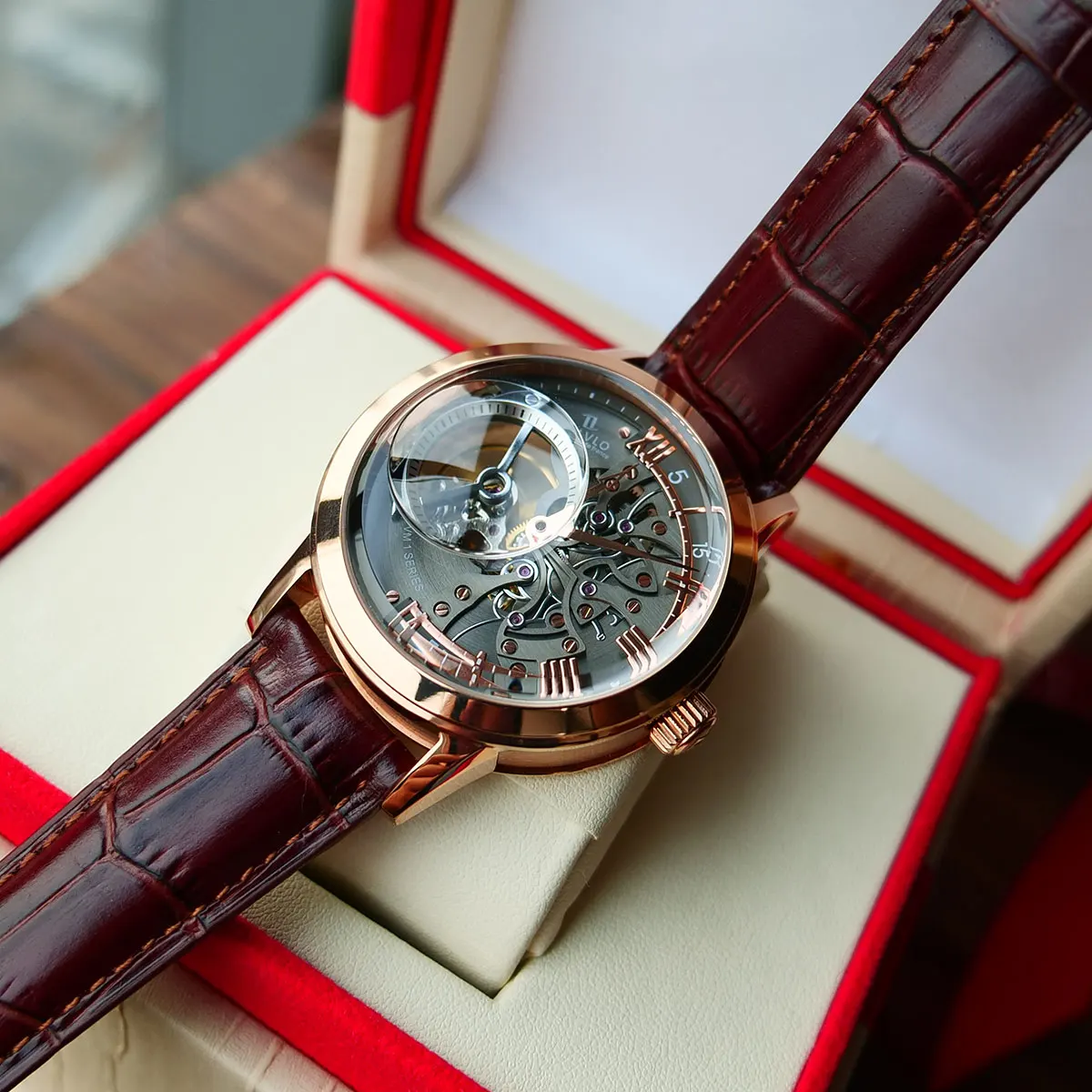 
OBLVLO Casual Watches Men Skeleton Dial Calfskin Leather Band Rose Gold Watches Automatic Watches for Men Montre Homme VM 1 