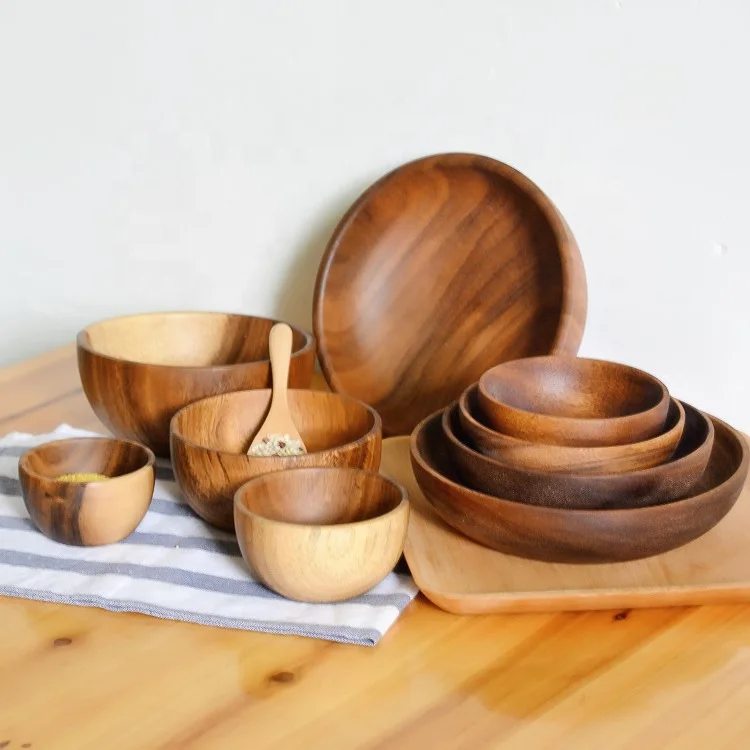 Thailand acacia wooden serving bowls flat bottom retro large natural acacia salad wood bowl