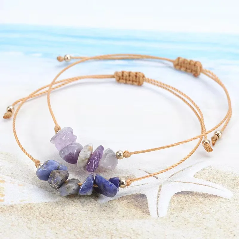 Broken Stone Bracelet Irregular Raw Garnet Wax Thread Weaving Colorful Versatile Friendship Bracelet Wholesale