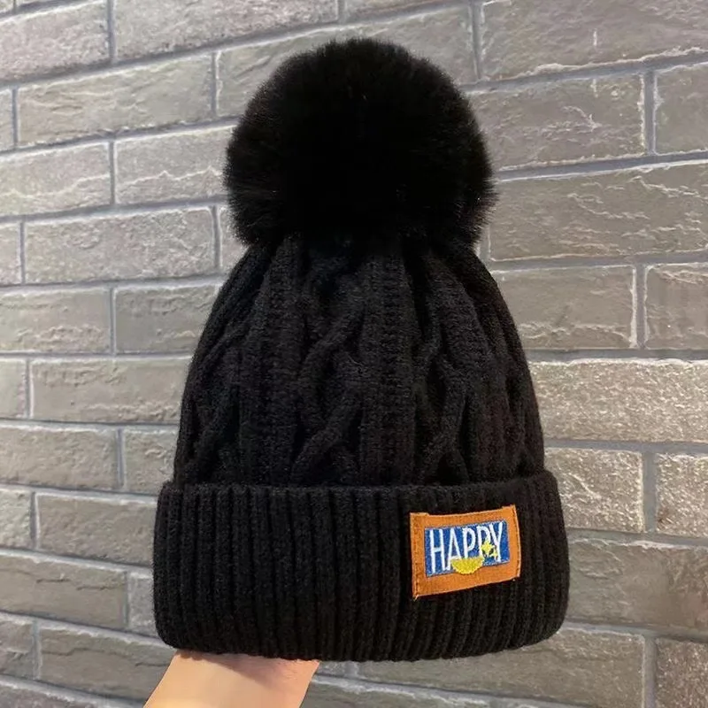 Best seller Korean version new artistic warm woolen fashion simple ball knitted beanie hats rabbit fur winter hats with pompom