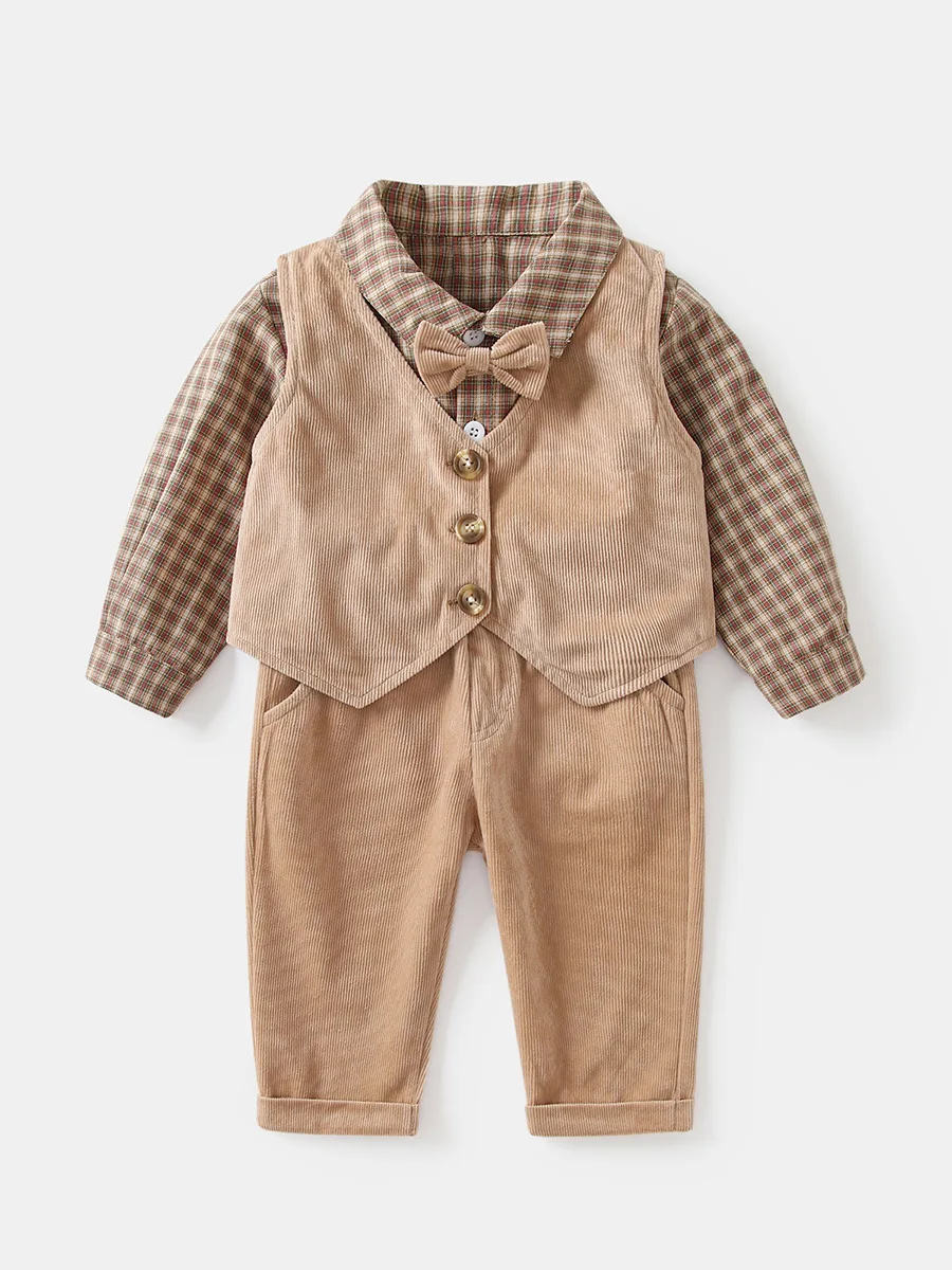 2024 Spring Autumn British Style First Year Old Clothes Suit Children Boy Clothing Set Breathable Three-Piece Corduroy Plaid Set