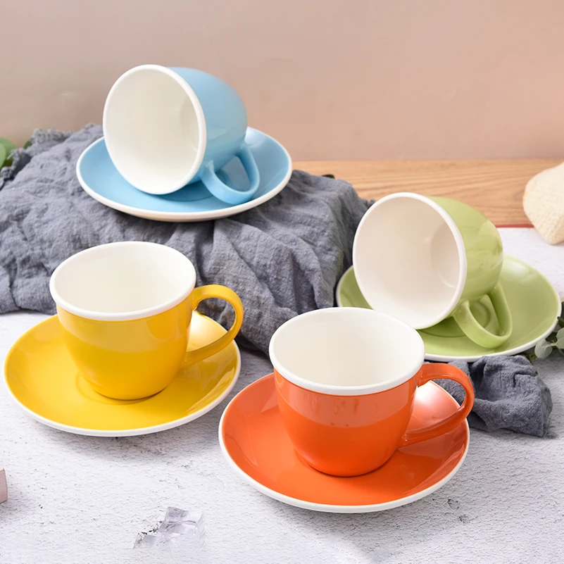 Wholesale Custom assorted colors hand made cup cappuccino simple ceramic tea cup and saucer coffee cup with saucer set