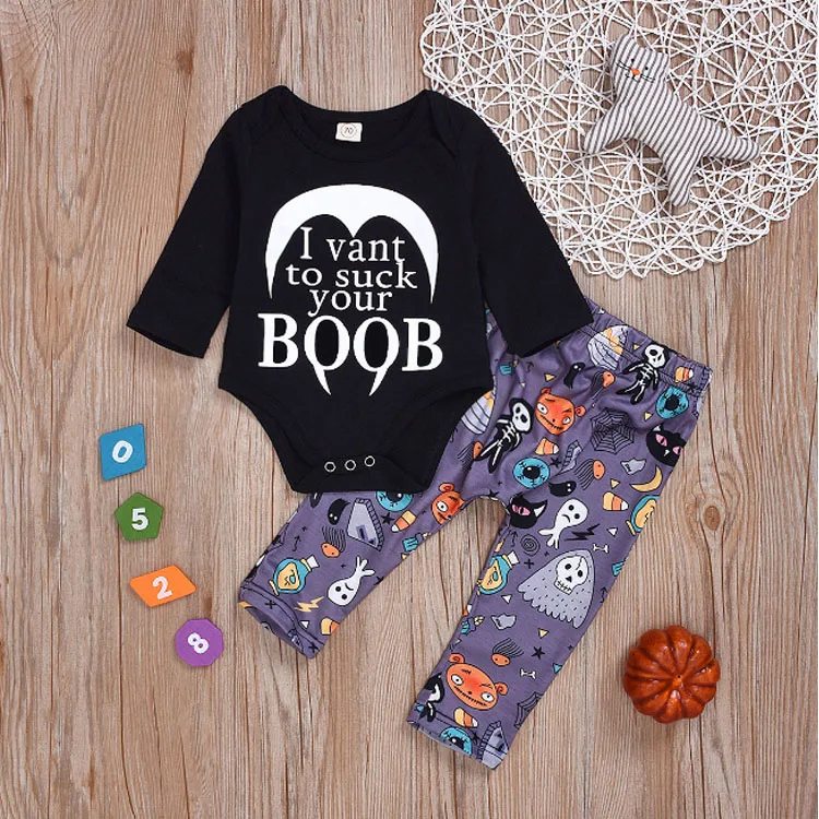 baby boy halloween romper letter long sleeve top cartoon ghost print pants 2 piece set