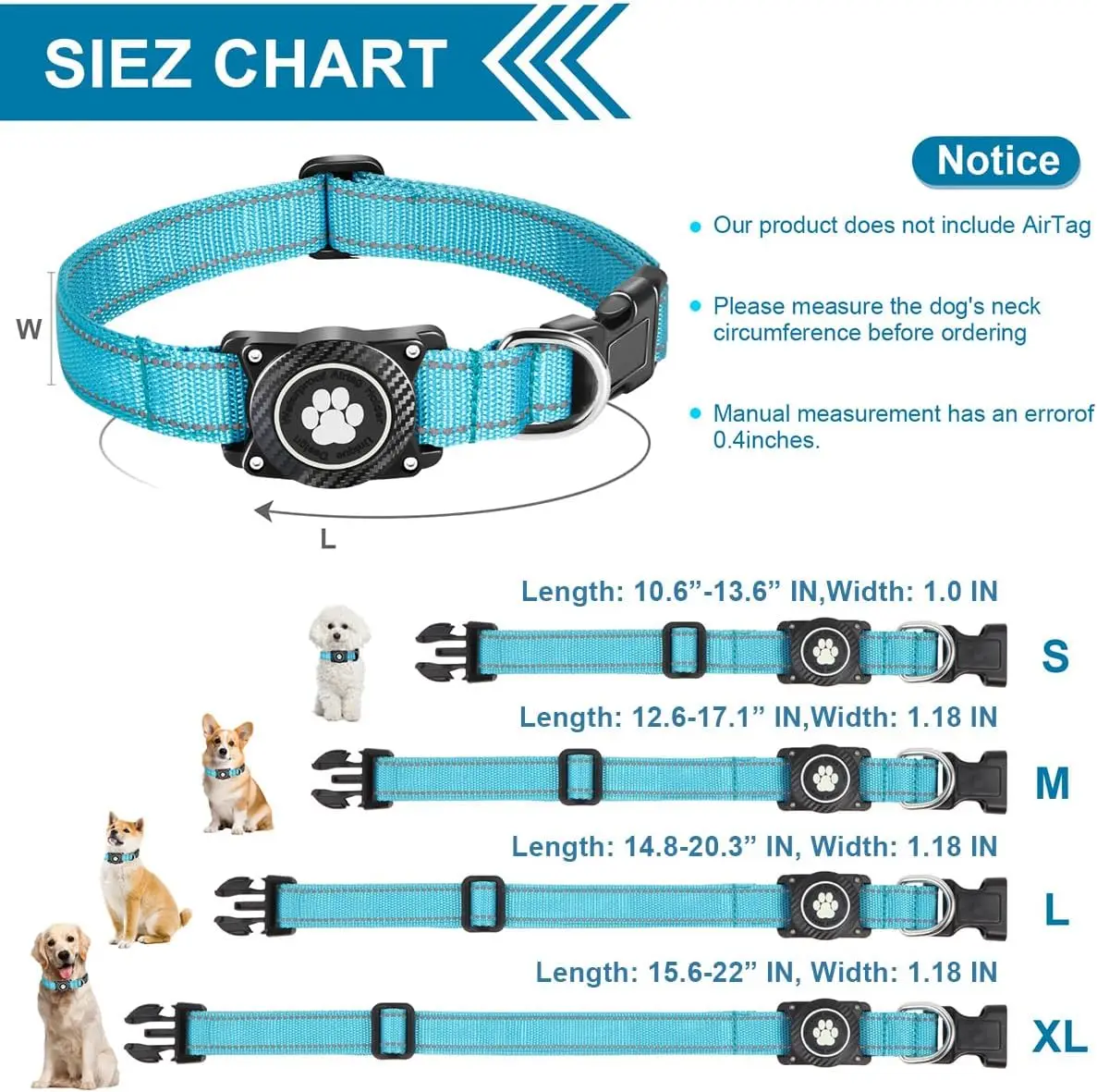 NiBao Airtag Dog Collar Waterproof Nylon  Reflective Adjustable With Soft Neoprene Dog Pet Collar